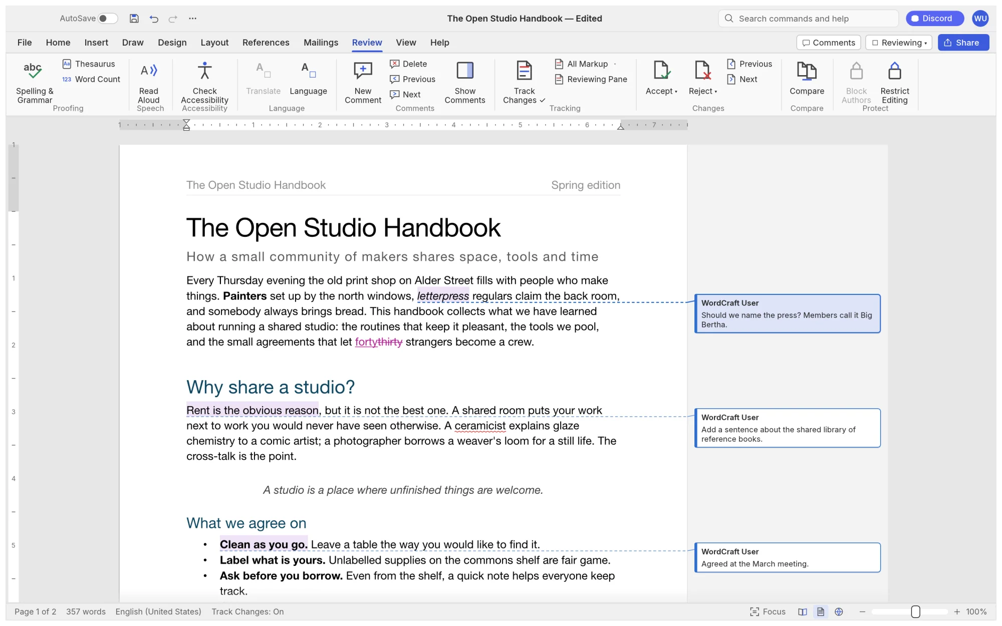 Track changes and comment balloons in the margin of a WordCraft document