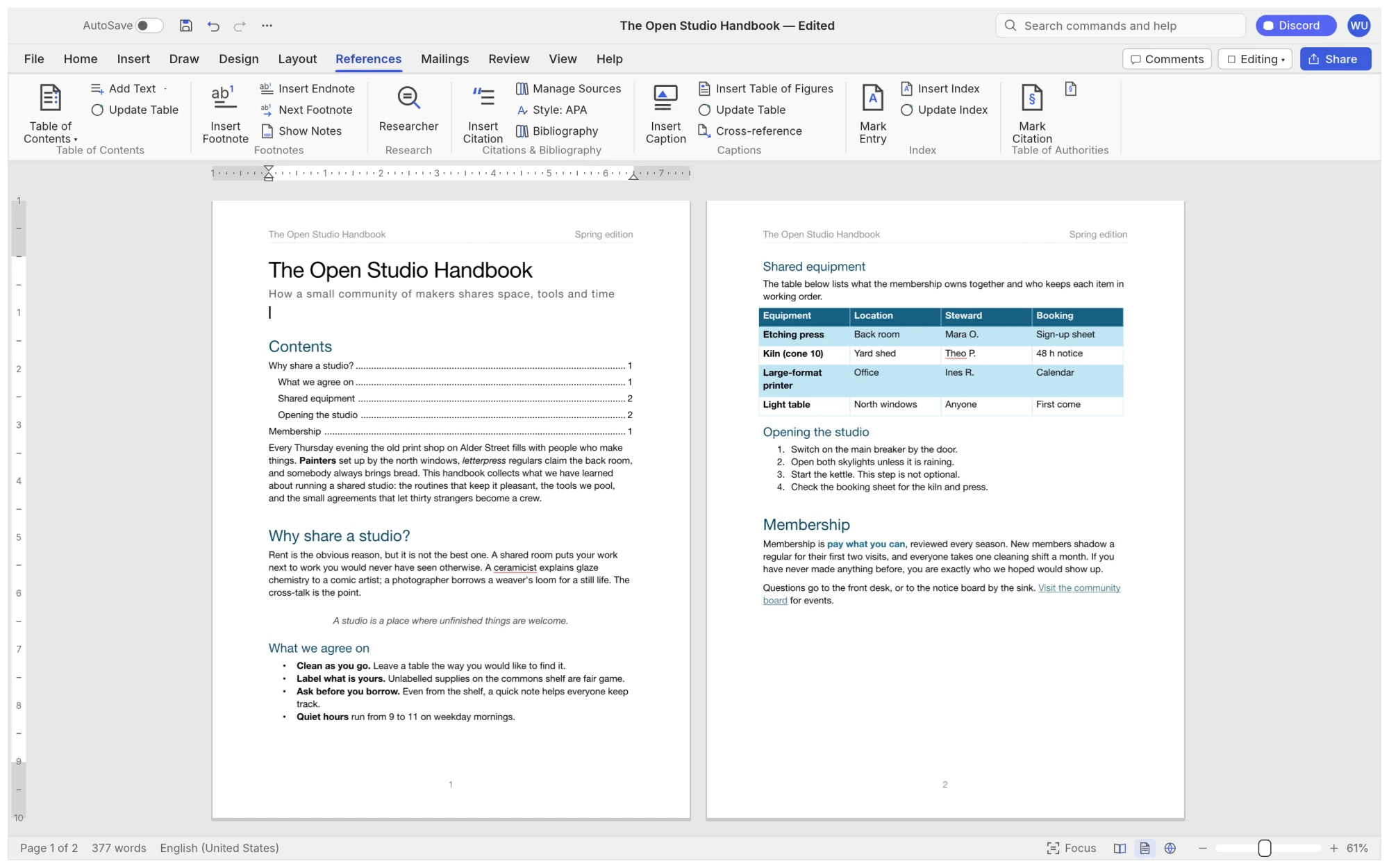 References tab with a table of contents with dot leaders, a styled table and a numbered list
